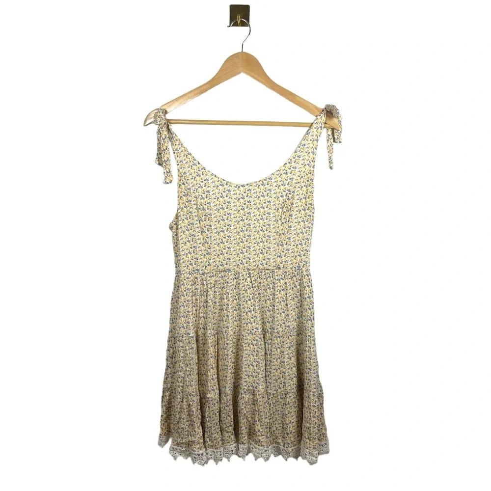 Altar'd State Ditsy Floral Tie Strap Crochet Lace Mini Sundress Yellow S